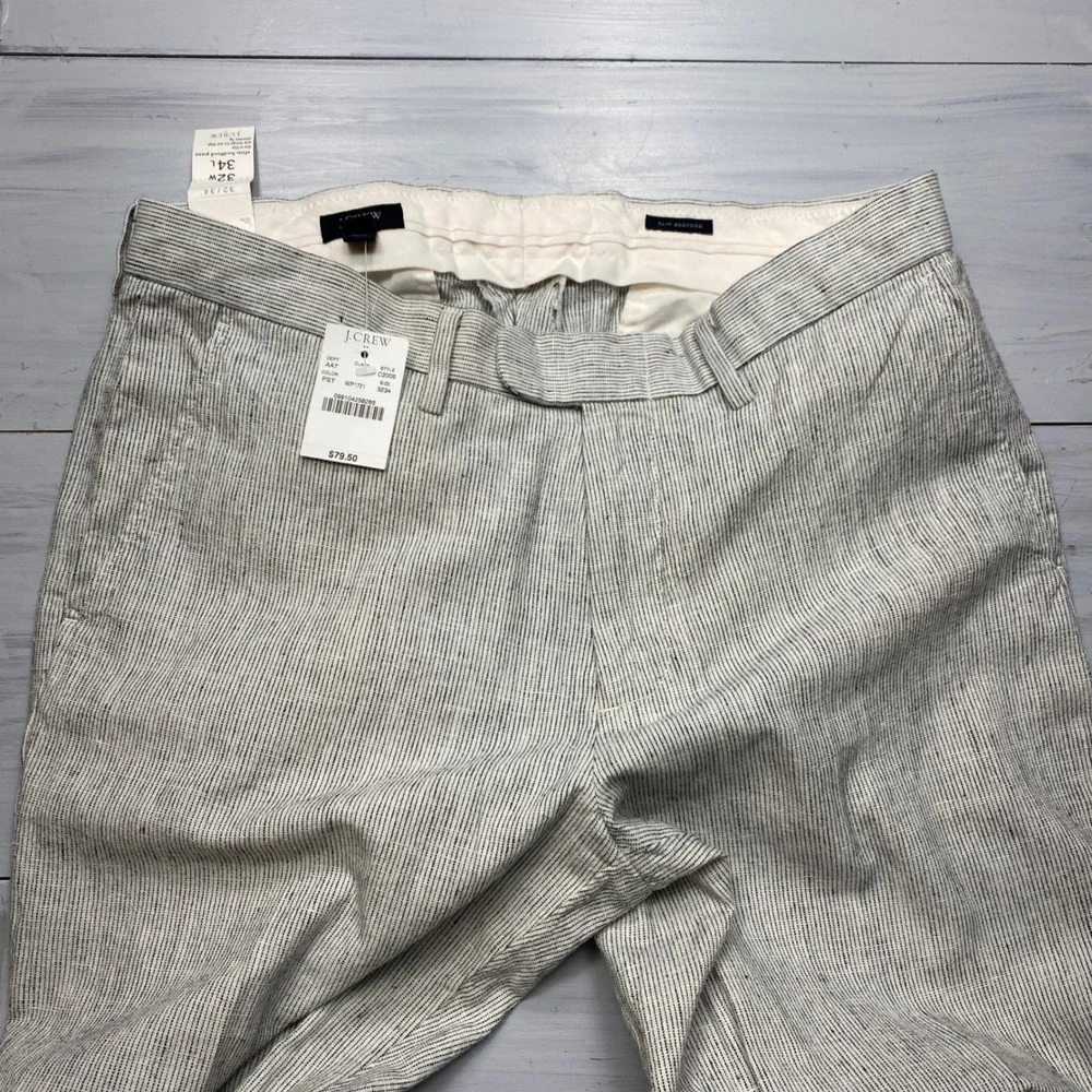 J.Crew Slim Bedford Pants Mens 32x34 White Blue Stripe Linen Blend Dress Casual